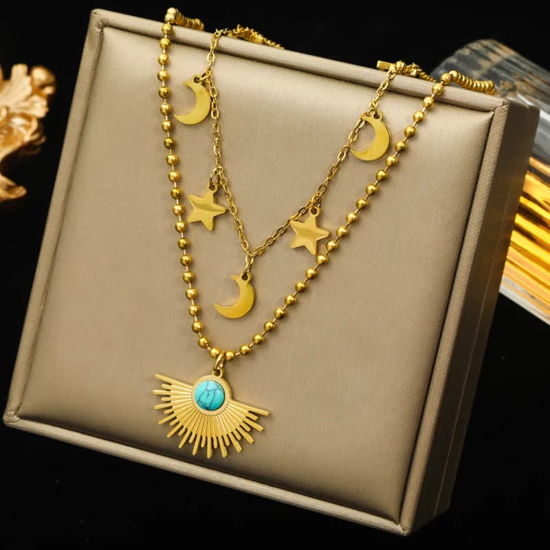 Багатошарове намисто з геометричним кулоном «монета» та каменем